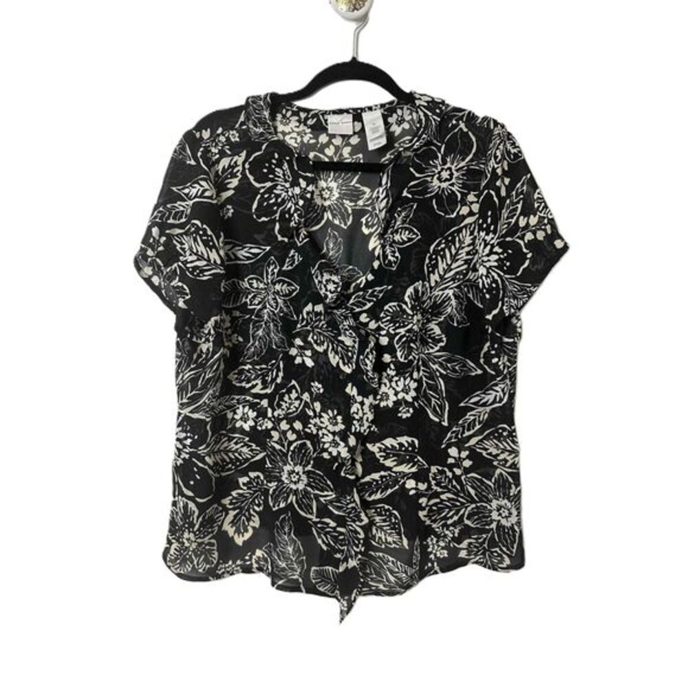 Emma James Top Womens Size 16 Black And White Floral Flutter Short Sleeves